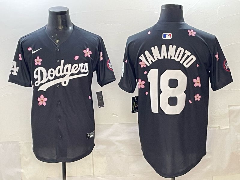 Men 2025 Los Angeles Dodgers #18 Yamamoto Black Sakura Edition Nike MLB Jersey 09